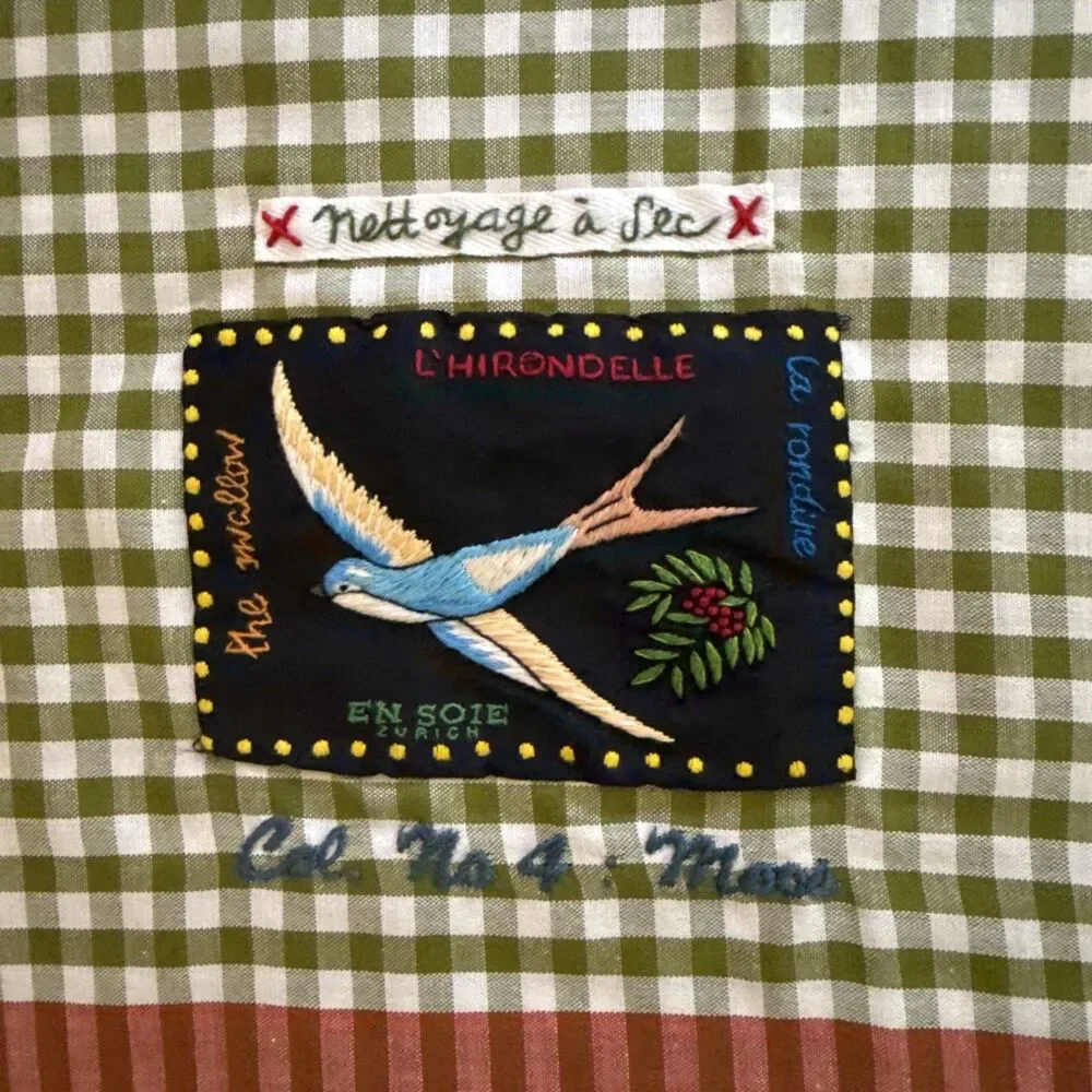 en Soie Zurich Satu Scarf 160 100% Silk Vichy Check Gingham Embroidered Sparrow